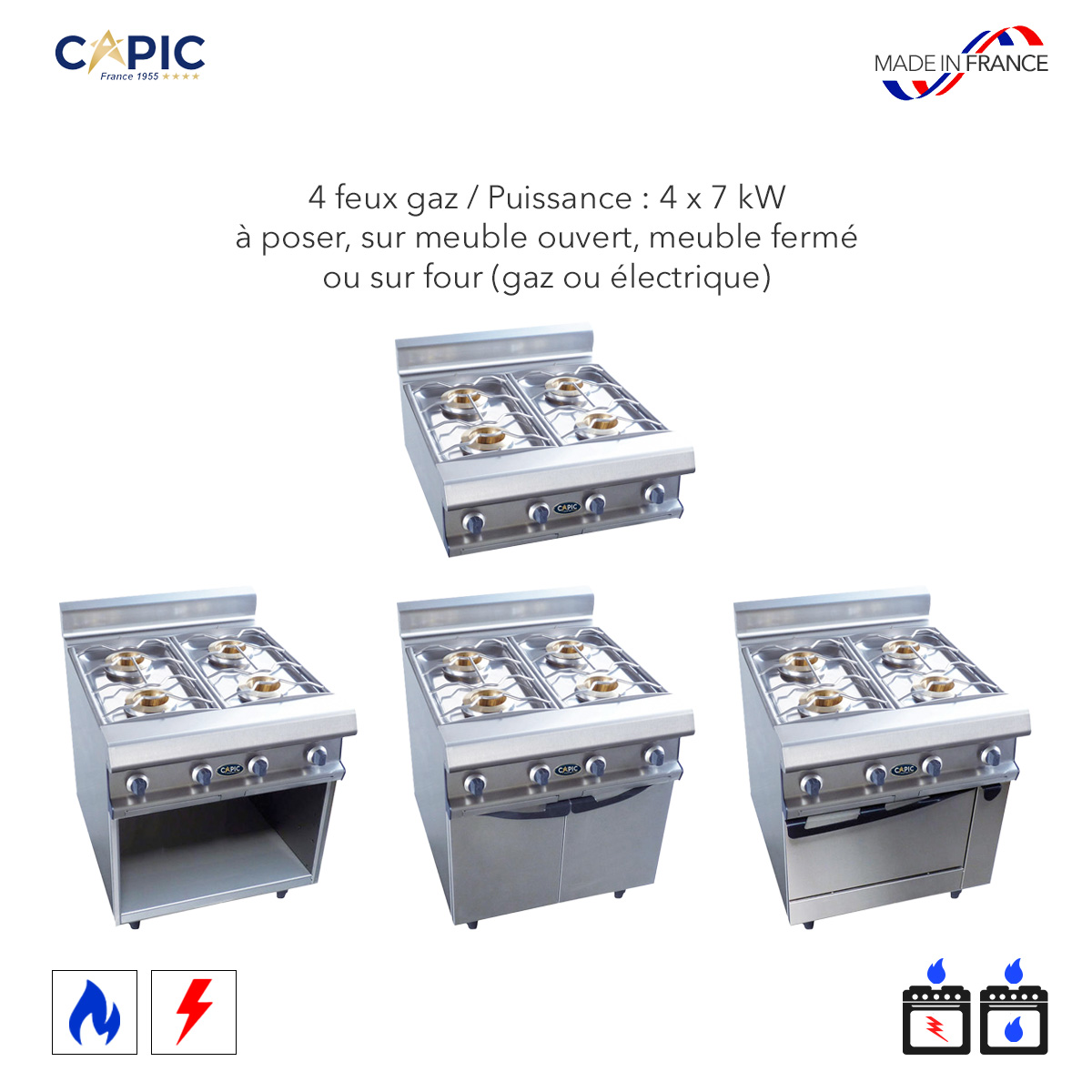 CUISINIÈRE À GAZ À 4 FEUX SUR FOUR ÉLECTRIQUE STATIQUE - 19,1 KW